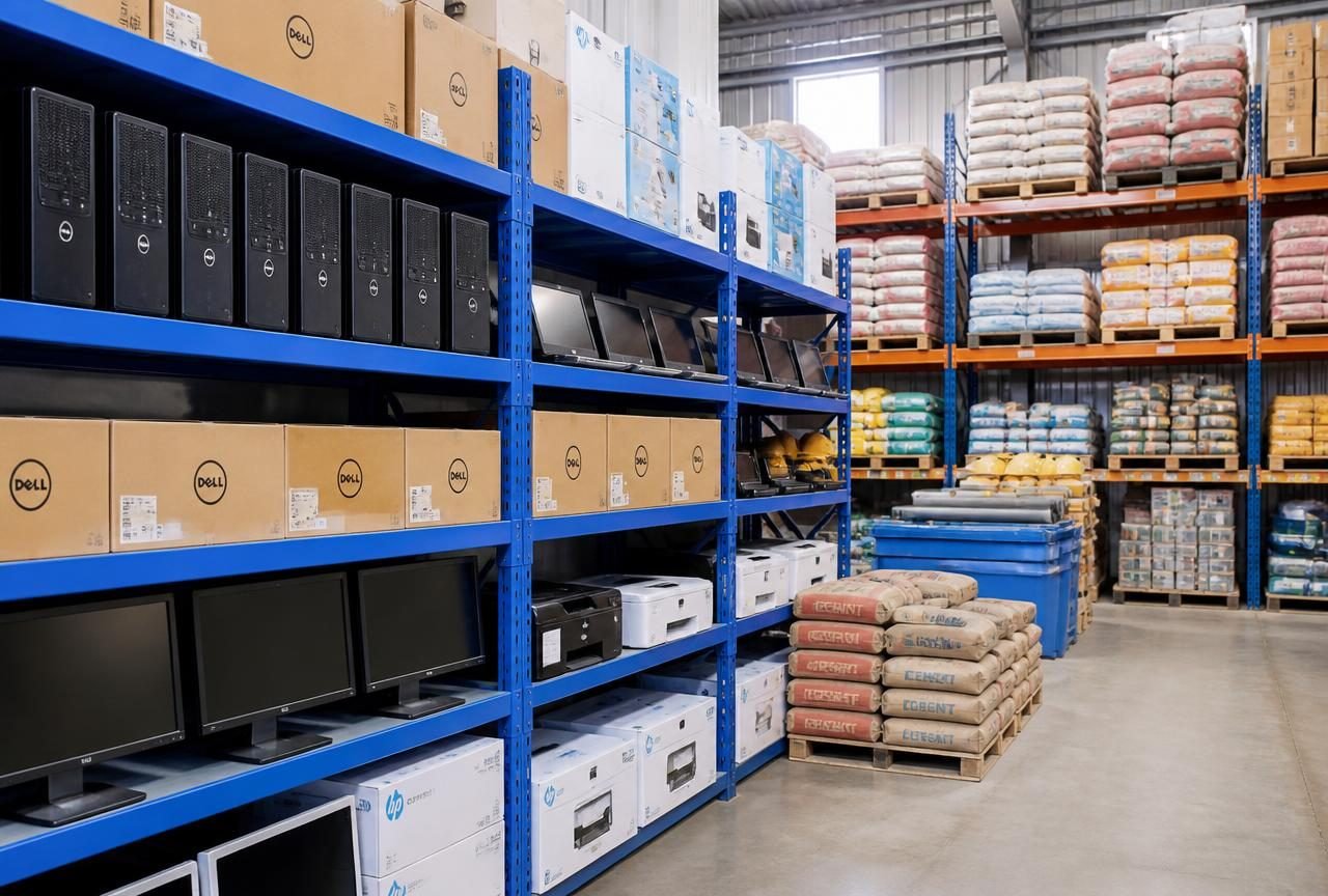 Armazém com computadores, equipamento de escritório e materiais