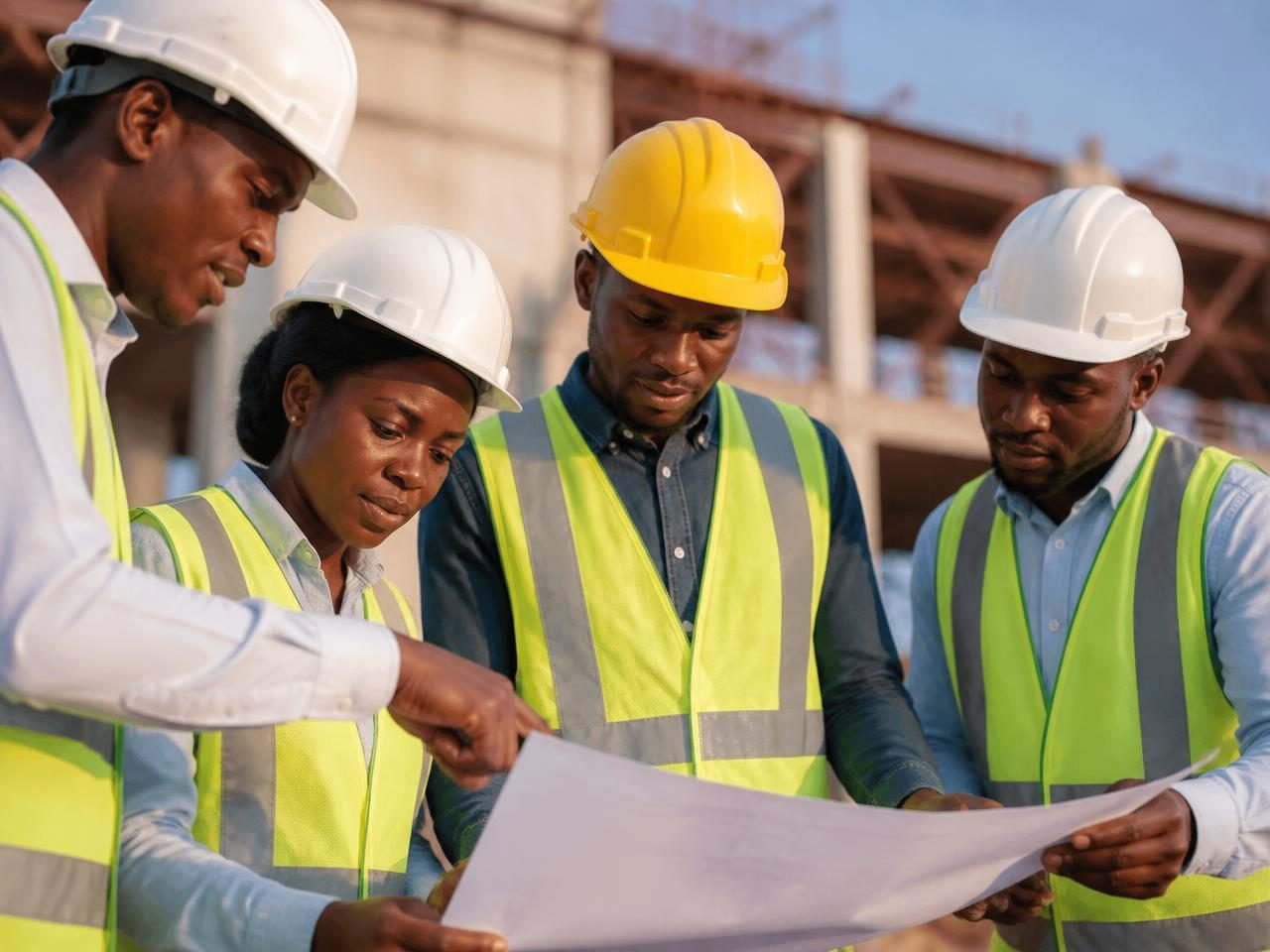 Equipa de engenharia do Grupo DEC a analisar plantas em obra